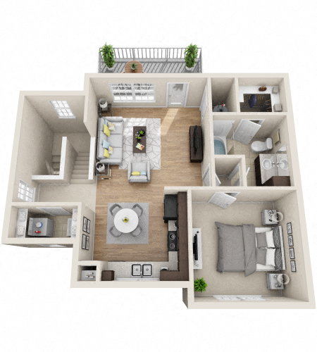 Floor plan for 1 bed, 1 bath, 858 sqft